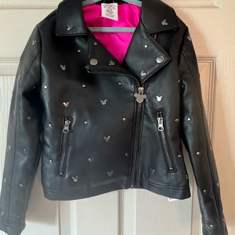 Disney Faux Black Leather Moto Jacket with Pink Lining